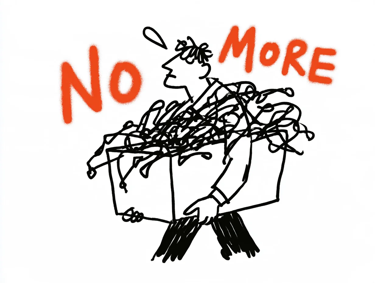 An illustration of a staff member sweating while carrying a heavy box filled with tangled interpretation receiver cables, accompanied by the bold red words “NO MORE.” The scene declares an end to the exhaustion and inefficiency of managing conventional interpretation equipment.