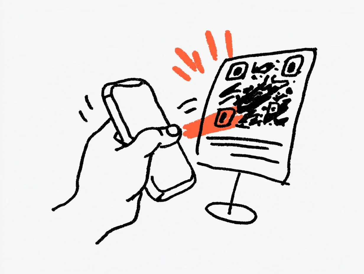 거치대에 배치된 QR코드를 스마트폰으로 스캔하는 순간을 강조한 일러스트입니다. 앱 설치나 회원가입 절차 없이 카메라 촬영만으로 실시간 다국어 오디오 스트리밍에 연결되는 Zero-Barrier UX를 표현합니다.