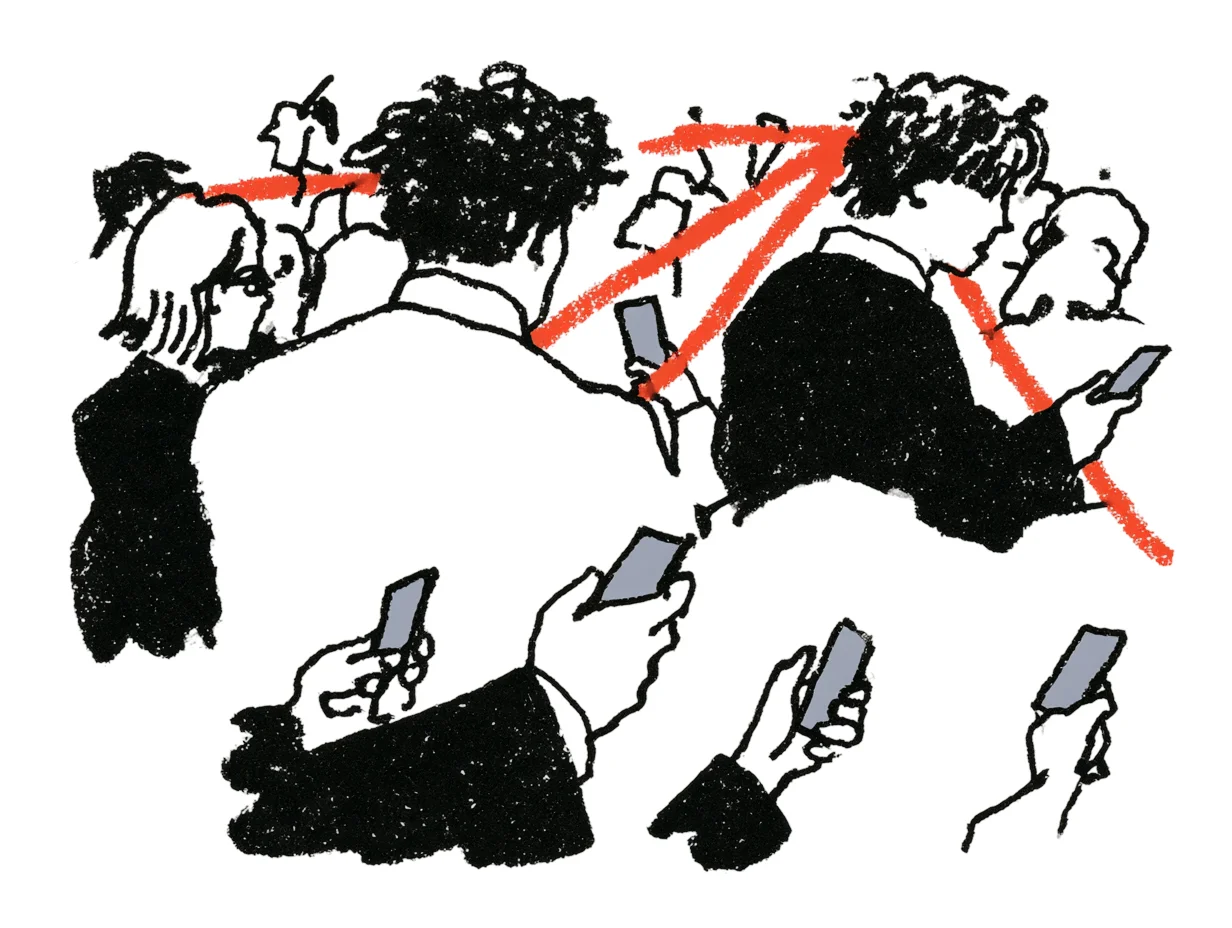 A tense moment immediately after the opening, as a large international audience takes out their smartphones and scans a QR code to join the event.