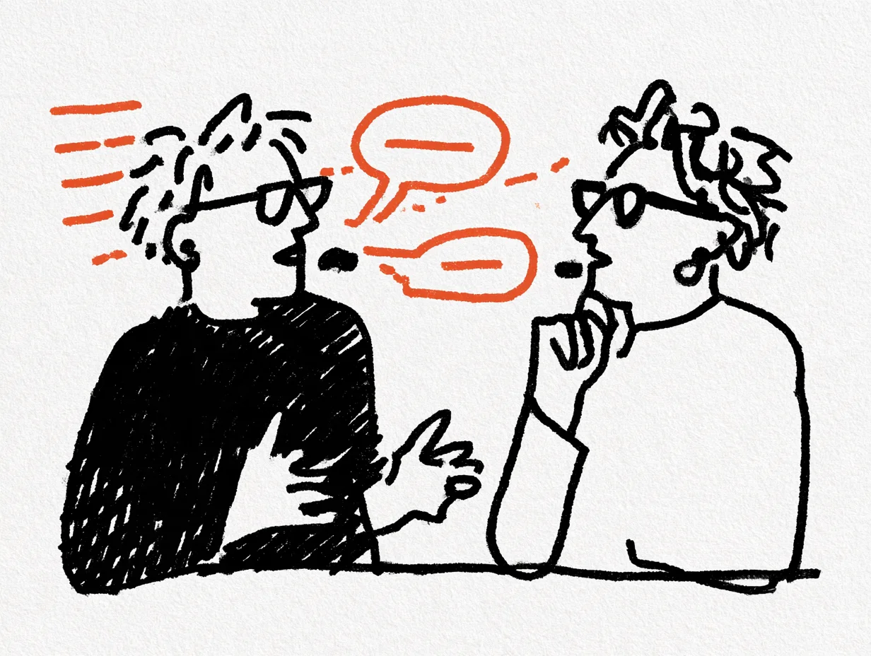 An illustration depicting audio latency during a conversation. Red lines and speech bubbles represent the delay between one person speaking and another hearing the message, showing how timing mismatches disrupt communication.