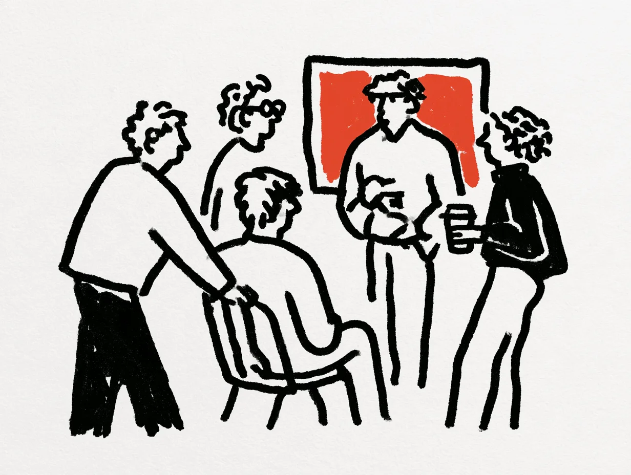 Four people gathered around a seated colleague, talking together. Hands holding cups, relaxed gestures, and a red-orange background create an informal atmosphere of team interaction.