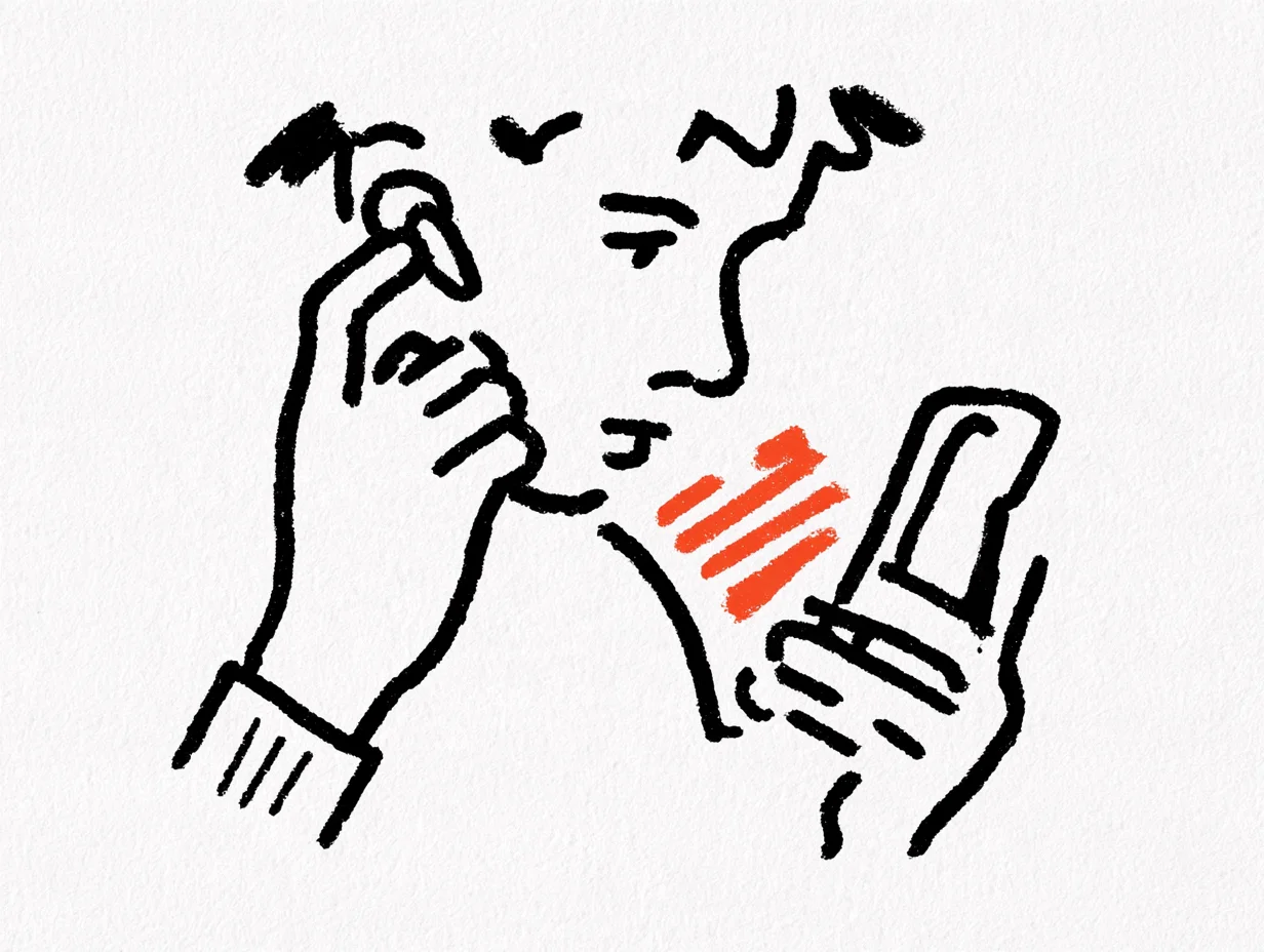 한 손으로 귀에 이어폰을 대고 다른 손으로 스마트폰을 든 인물의 얼굴을 가까이 묘사한 모습. 입과 스마트폰 사이의 레드오렌지 선이 모바일 음성 입력이나 음성 소통을 나타낸다.
