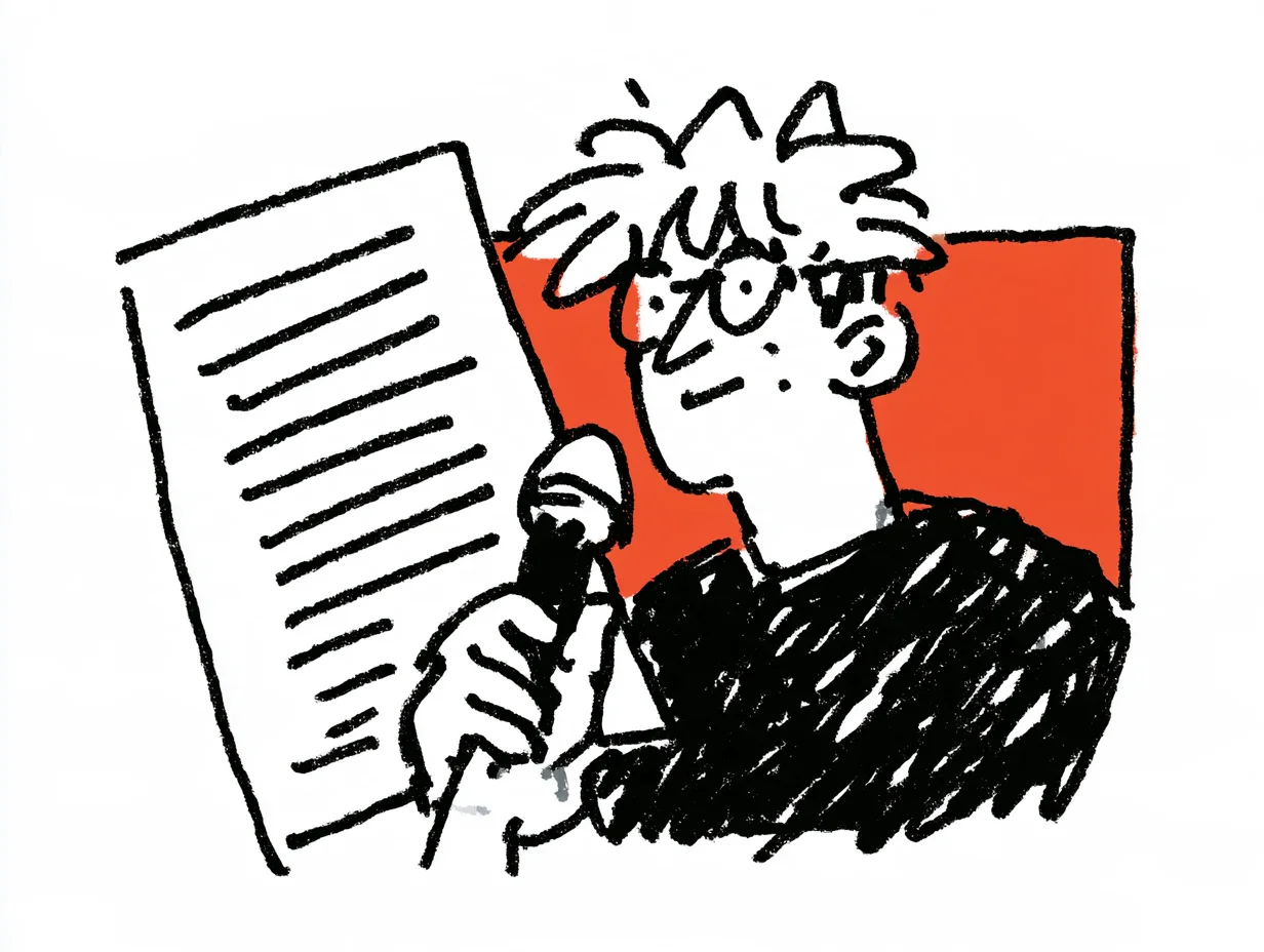 An illustration of a CEO confidently presenting while holding a microphone and looking at a neatly organized text document. It depicts someone responding calmly and accurately even to unexpected questions with the help of real-time transcripts and captioning.
