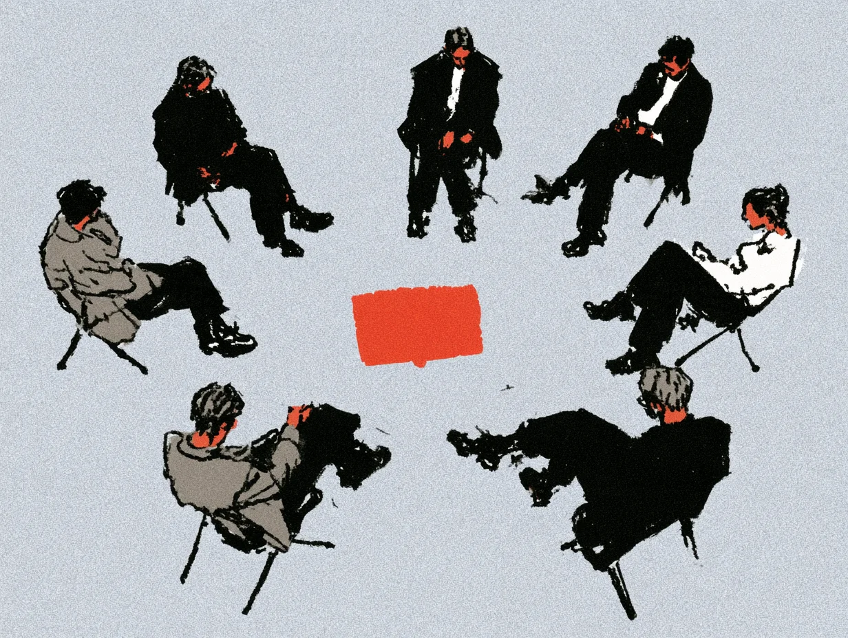 Illustration of colleagues freely conducting a multilingual meeting by looking at AI real-time captions on a conference room smart TV during a small corporate workshop without an interpretation booth.