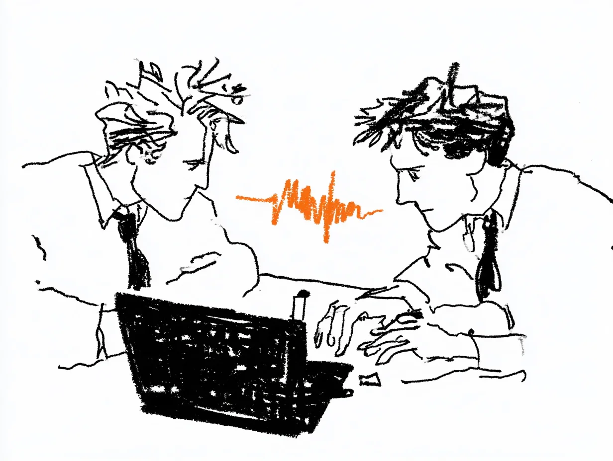 Illustration of two businessmen facing each other over a laptop, with a rough orange soundwave between them representing the heavy tension and communication barrier at a cross-licensing negotiation table