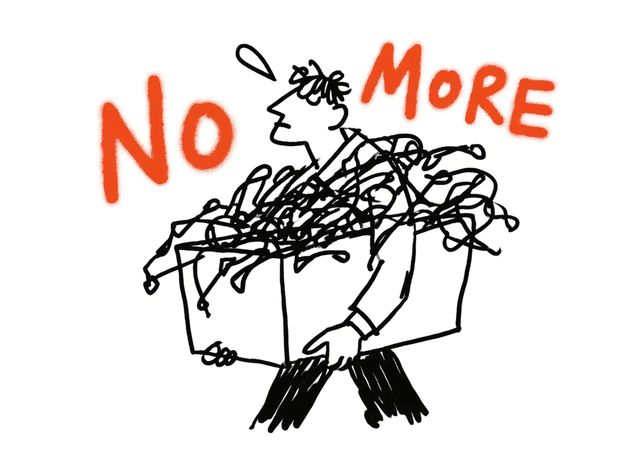 엉킨 선들이 가득 담긴 상자를 들고 걸어가는 사람의 모습이며, 머리 위로 "NO MORE"라는 주황색 글씨가 크게 적혀 있어 포기나 거부의 의미를 나타냅니다.