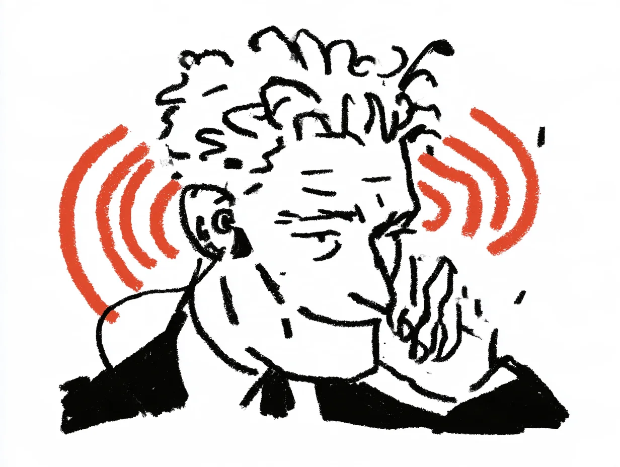 Illustration of a highly focused businessman resting his chin on his hand, with smooth orange soundwaves wrapping around his head as he listens closely to the subtle emotions and underlying meanings through his earpiece