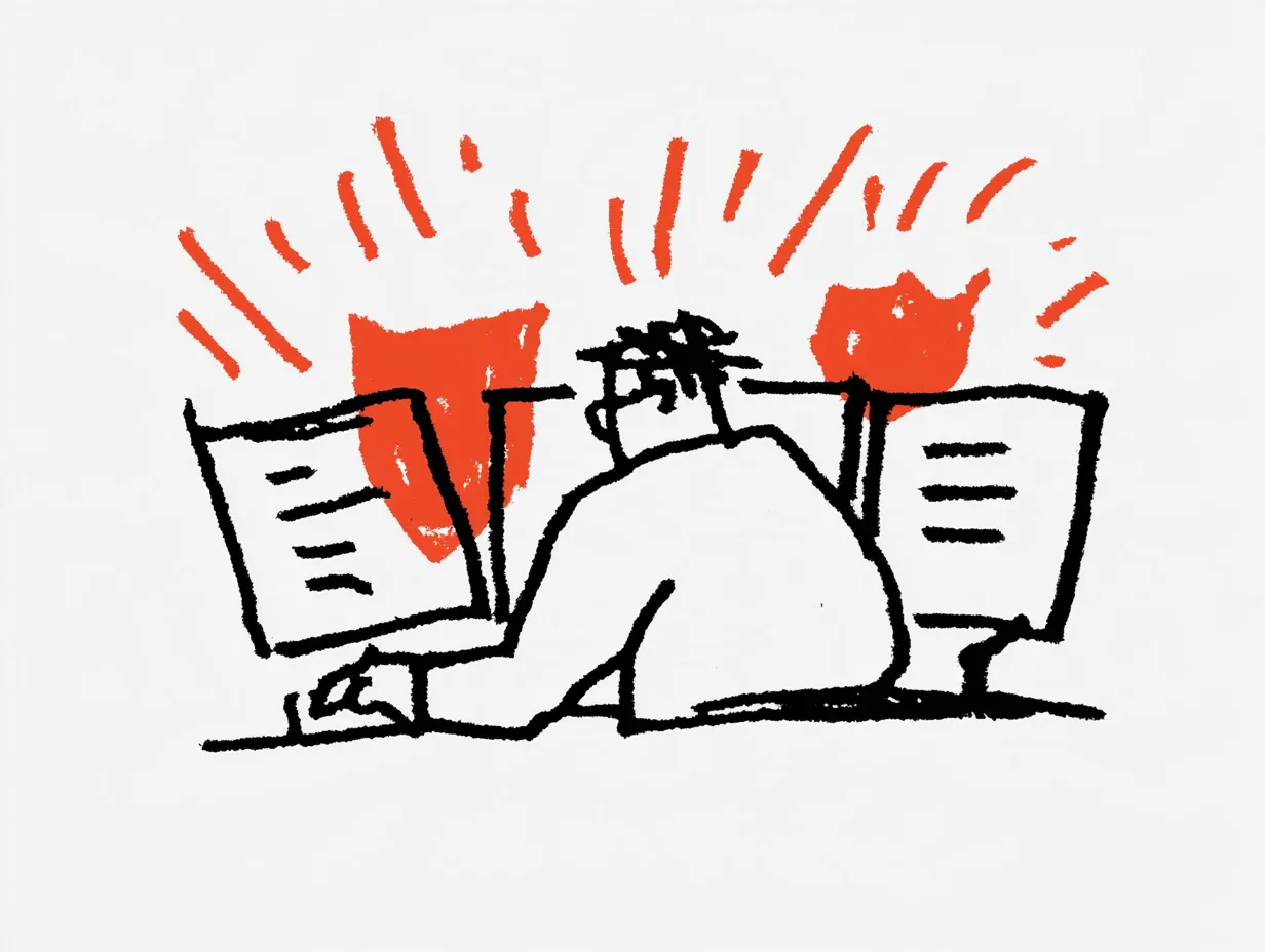 여러 모니터 앞에서 작업하는 담당자와 화면 뒤의 오렌지색 방패를 담은 일러스트. 기업 데이터 보호와 정보 보안, 안전한 AI 통번역 서비스 운영 및 미디어 시스템 모니터링을 상징합니다.