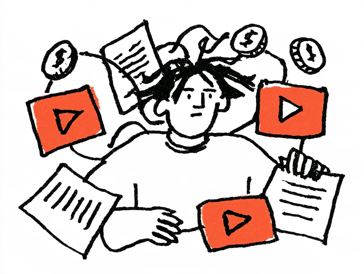 A creator surrounded by video clips, script documents, and media monetization tasks, working through traffic acquisition and editing pipeline challenges