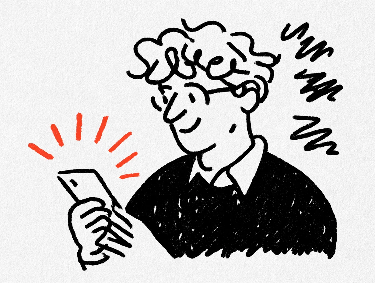 A close-up illustration of a participant smiling while looking at a smartphone. The glowing red phone represents a positive user experience with smooth, ultra-low-latency real-time translation, free from the language barriers symbolized by tangled lines in the background.