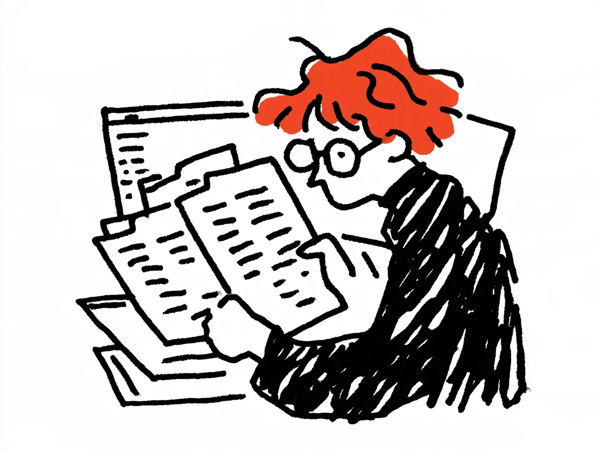 A media production specialist carefully reviewing live data and multilingual scripts to archive media assets