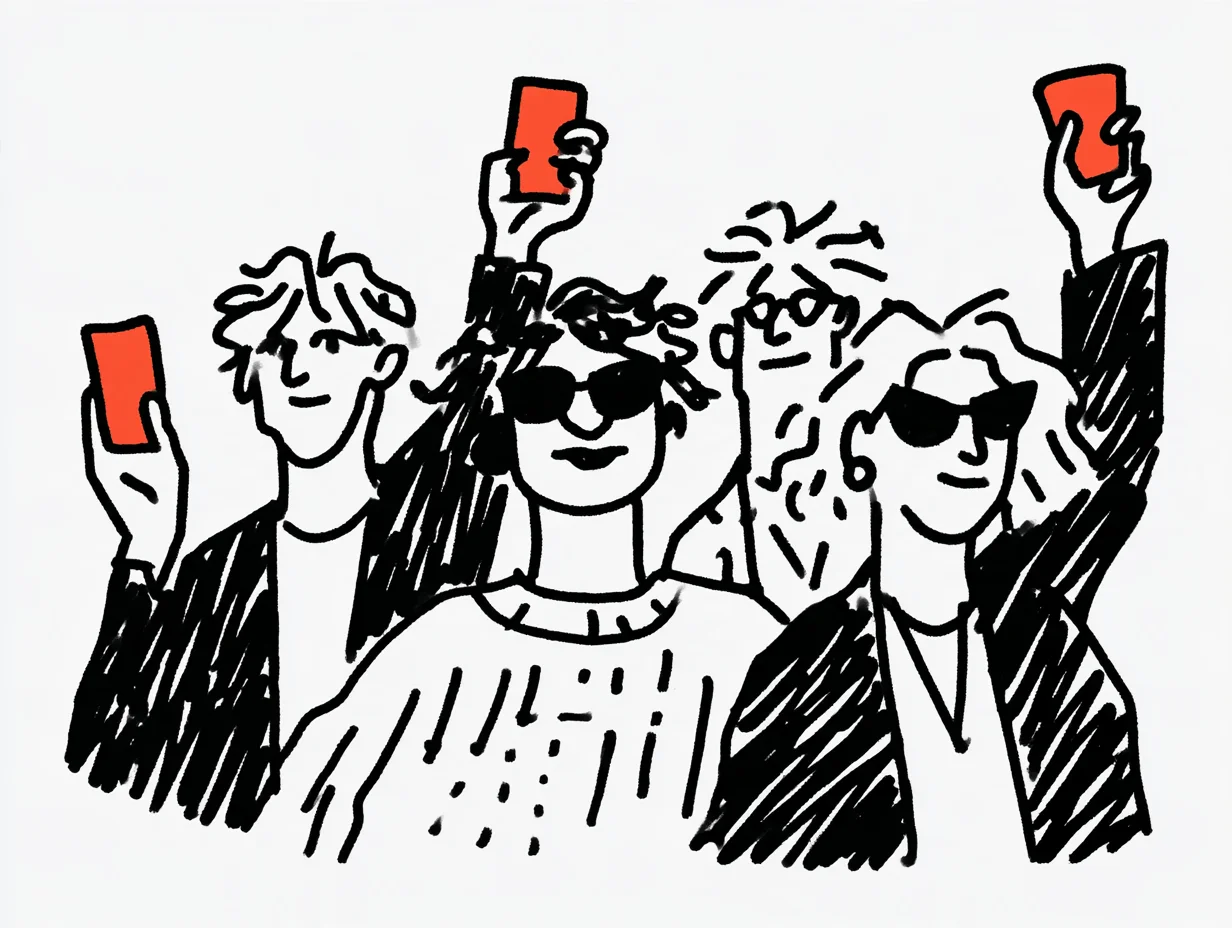 An illustration of smiling participants holding up their smartphones. It represents an intuitive user experience in which attendees enjoy multilingual translation through their own phones, without renting bulky interpretation equipment.