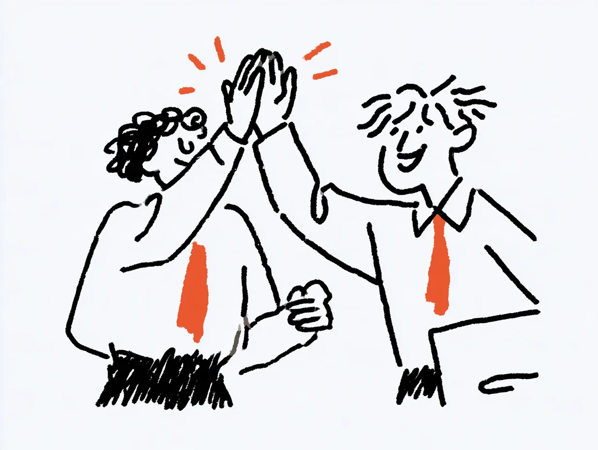An illustration of two IR team members smiling brightly and high-fiving after successfully completing a shareholders’ meeting. Orange neckties add a visual accent, emphasizing the relief after a well-prepared meeting.