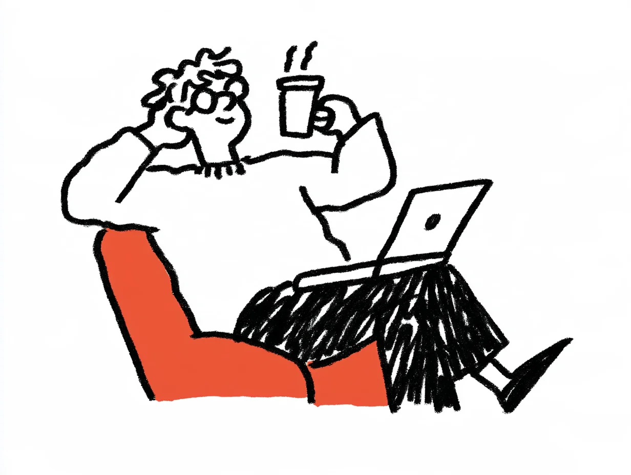 A production manager enjoying a coffee while monitoring operations on a laptop after AI automation has streamlined the workflow