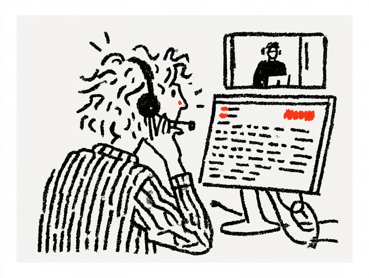 A person wearing a headset microphone examining a monitor displaying a video window and several lines of text. The scene suggests reviewing scripts or subtitles while listening to audio.