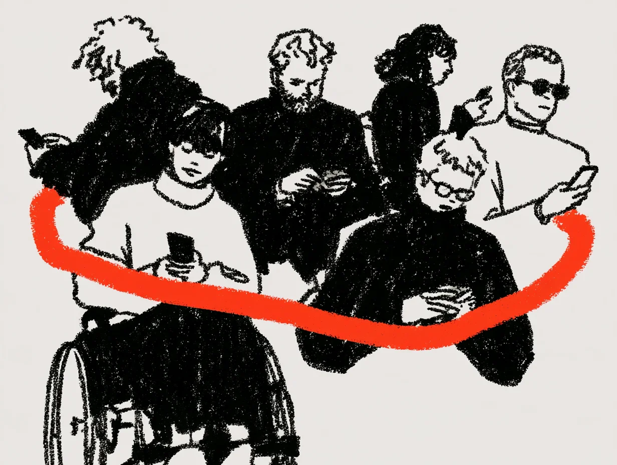 Illustration of a barrier-free ESG event where diverse people, including a participant in a wheelchair, are connected as one without exclusion through smartphone AI captions.