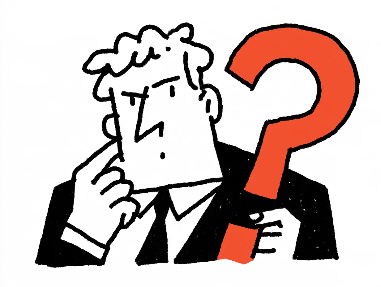 An illustration of a foreign investor in a suit, resting his chin in thought beside a large orange question mark. It represents a shareholder at a general meeting preparing tough questions or demanding transparent information.