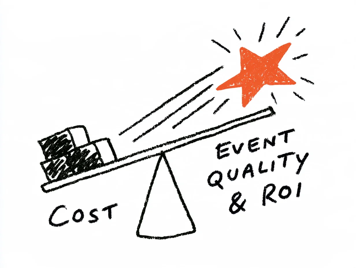 A seesaw-style chart shows a red star representing “Event Quality & ROI” rising as a heavy “Cost” block is removed from the other side. It illustrates the business impact of reducing hardware spending through software and reinvesting those savings in the event’s value.