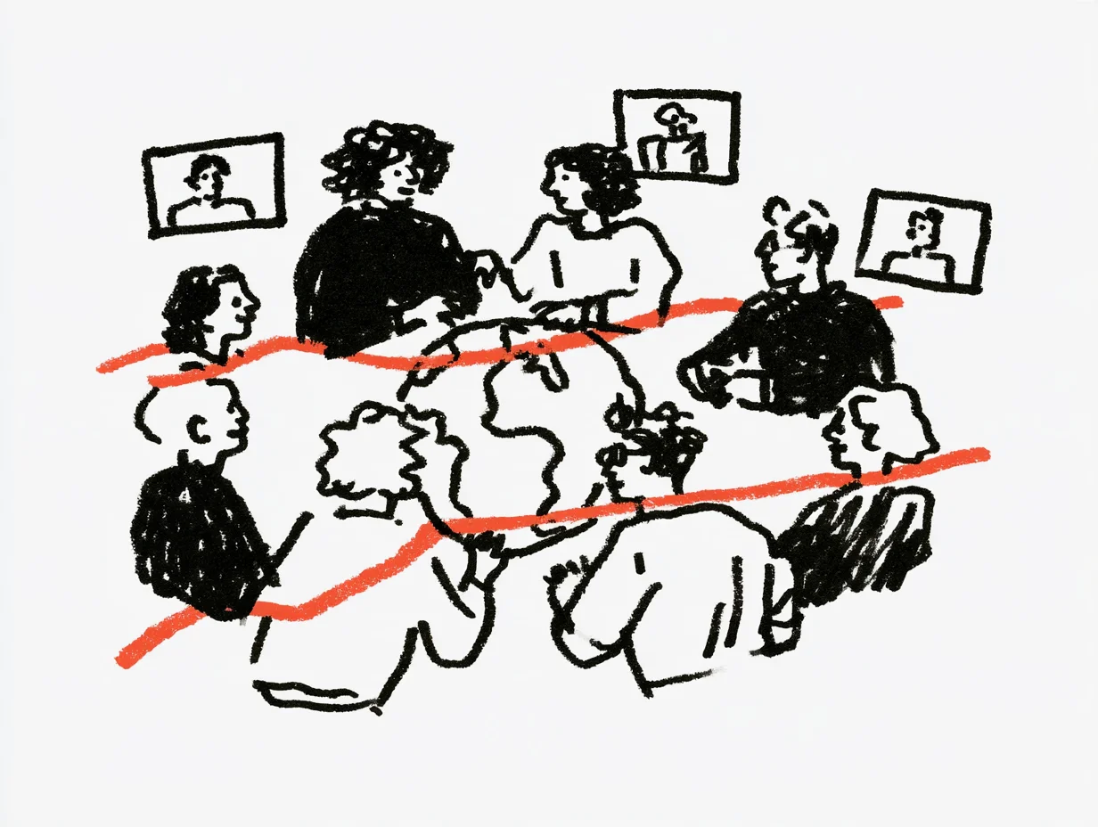 People seated around a globe and engaged in conversation, with video screens showing remote participants arranged nearby. Red-orange connecting lines represent collaboration and communication across borders.