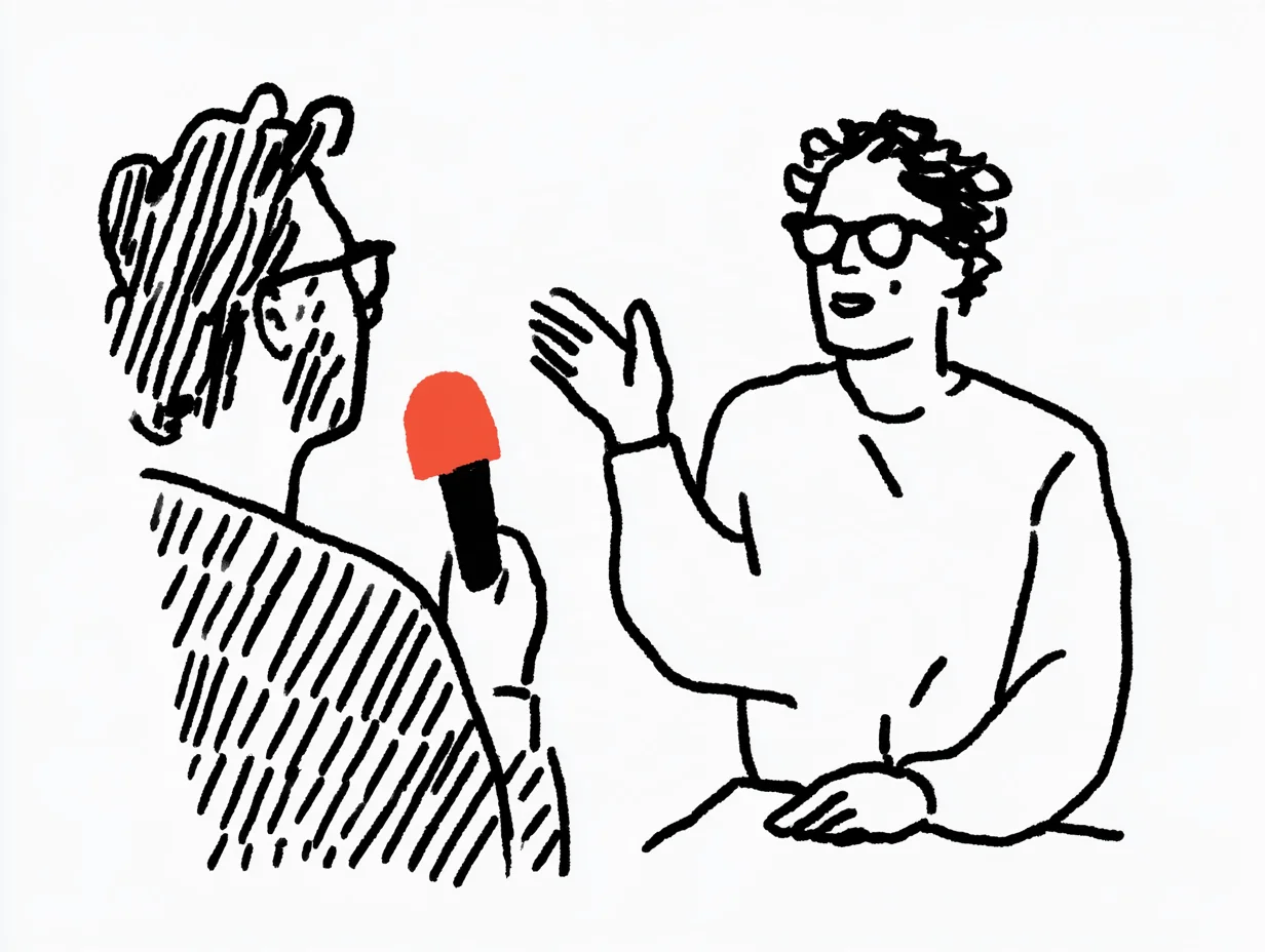 A person holding a microphone and their conversation partner communicate naturally and confidently without delay. The illustration depicts a seamless interview or Q&A session enabled by ultra-low-latency interpretation technology.
