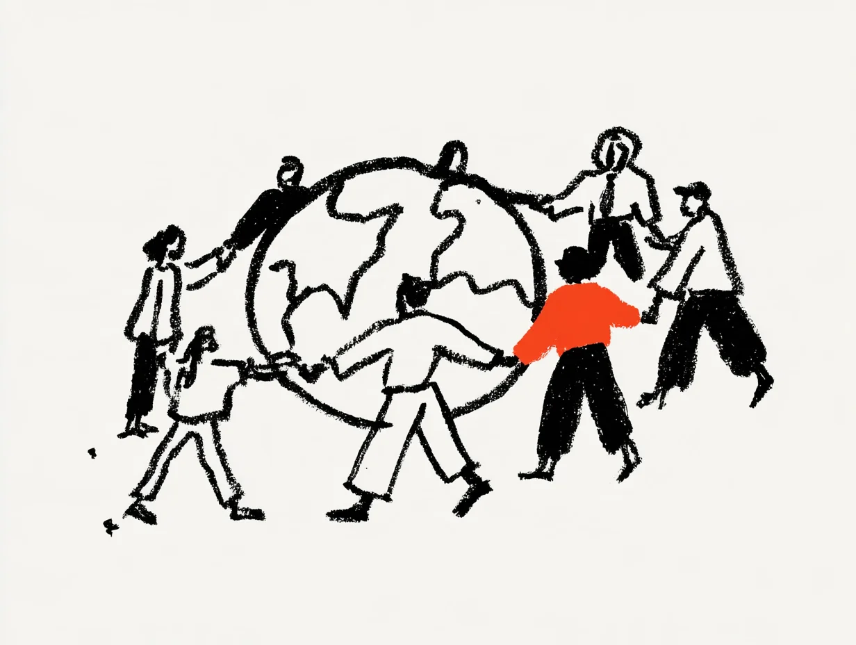전 세계 다양한 인종과 참석자들이 지구를 중심으로 손을 잡고 연결된 모습을 표현했습니다. 국경과 언어의 장벽을 넘어 전 세계 시청자를 하나로 묶어주는 글로벌 AI 통번역 기술의 무한한 확장성을 나타냅니다.