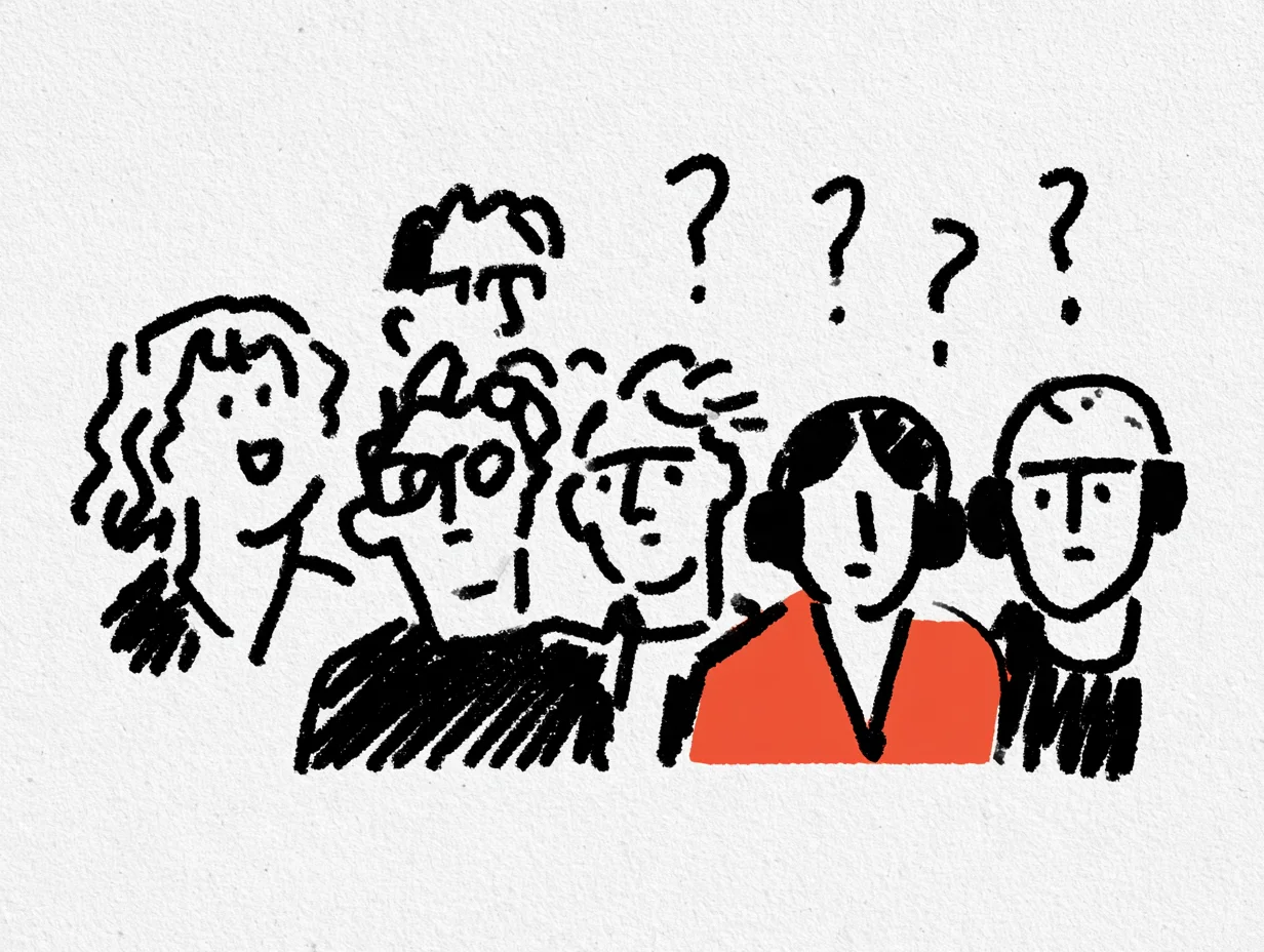 International attendees look puzzled, with question marks above their heads as they struggle to understand the speaker’s joke. The illustration shows the awkward mismatch in audience reactions caused by audio latency in conventional interpretation equipment.