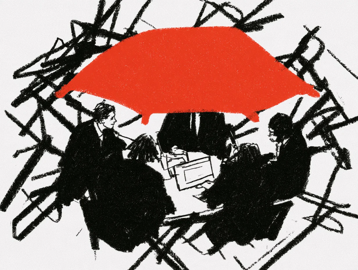 Illustration of maintaining an uninterrupted multilingual interpretation infrastructure through network redundancy architecture (red umbrella) despite severe traffic bottlenecks at a COEX event.