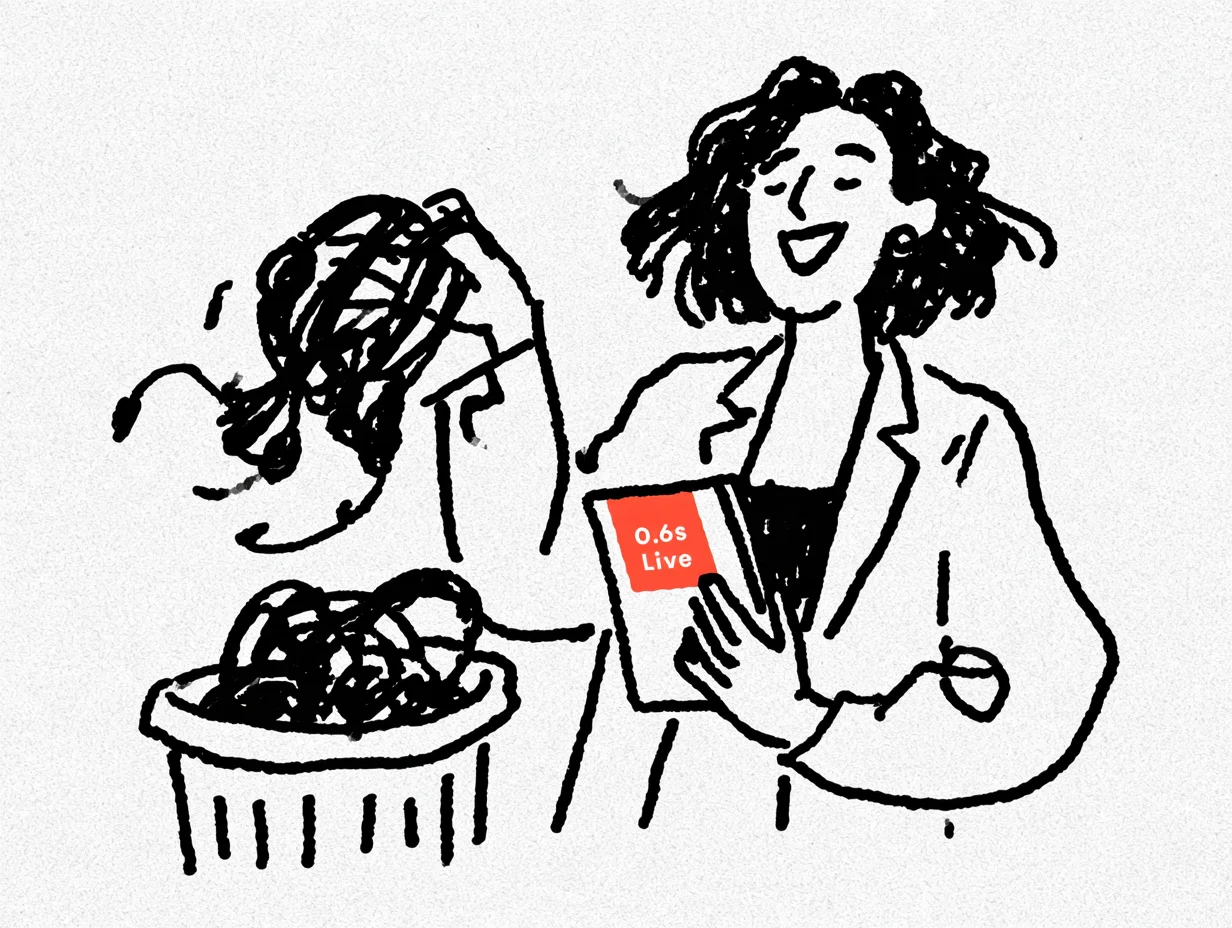 An event planner holds a device labeled “0.6s Live” while cheerfully throwing bulky, tangled legacy interpretation receivers into a trash can. The scene conveys the relief of leaving outdated hardware behind.