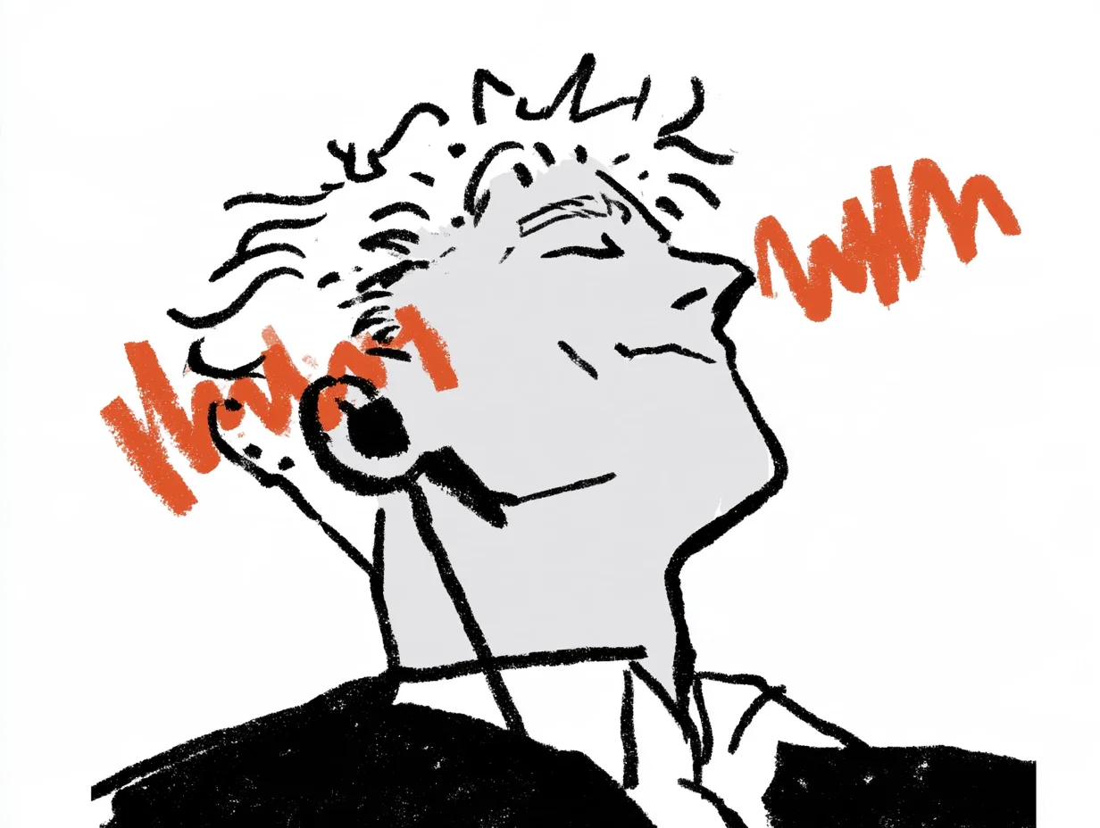 Illustration of a person with closed eyes wearing an earpiece, wincing as sharp orange text waves enter his ear, depicting the frustration of a business meeting ruined by a robotic TTS voice or lost nuances