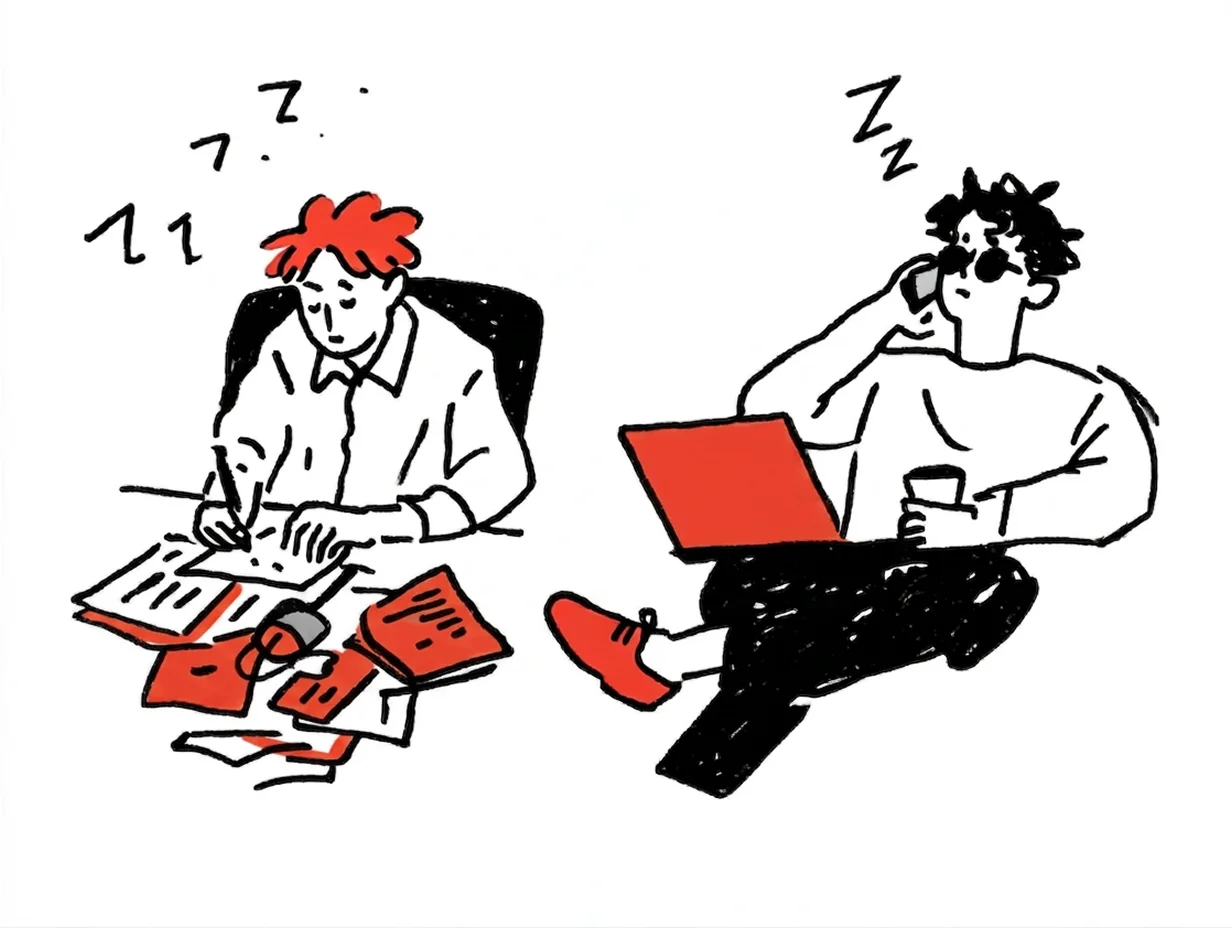 A contrast between an exhausted employee asleep beside piles of paperwork after working through the night and a high-performing employee using a laptop and smartphone in a relaxed smart-work environment. It visualizes workflow automation and increased productivity enabled by an AI meeting transcription solution.