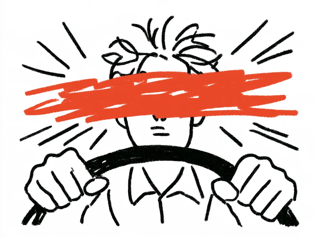 눈 부위에 오렌지색 붓칠이 그어진 운전자 일러스트. 시야 차단, 정보 부재, 거버넌스 리스크, 깜깜이 경영, 정보 비대칭성 시각화.
