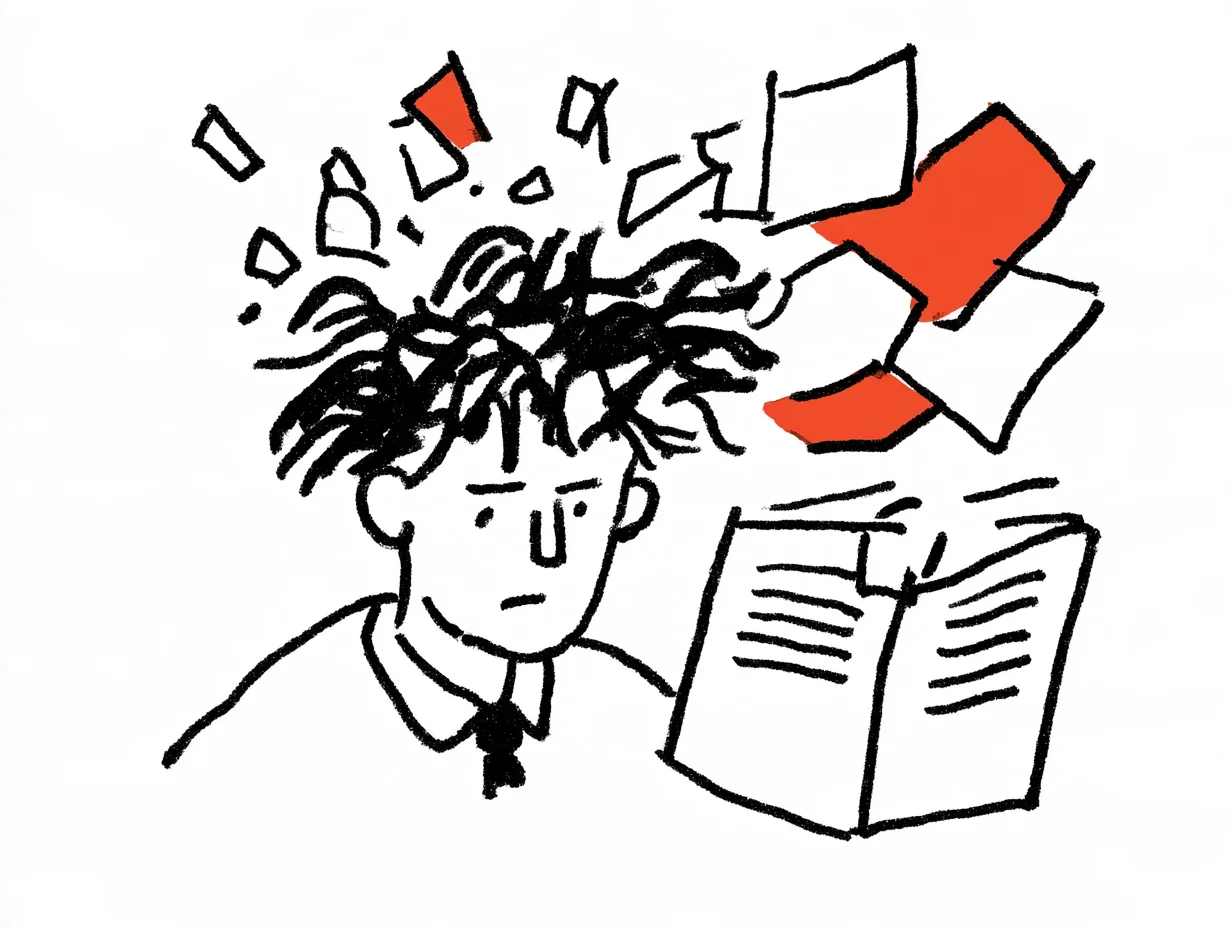 An illustration of an overwhelmed office worker buried under notes and documents. It visualizes the pain points of employees exhausted from manually writing business trip reports and coping with jet lag after attending global conferences.