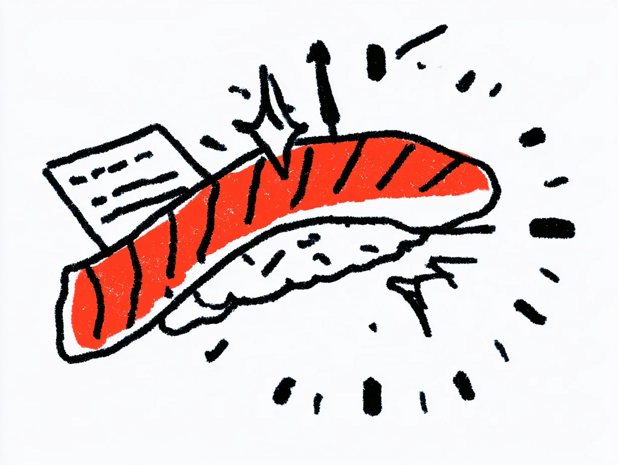 An illustration combining fresh sushi, a clock, and documents to visualize the limited shelf life of business intelligence. It emphasizes protecting the information golden hour through a real-time transcript database and AI translation solution.
