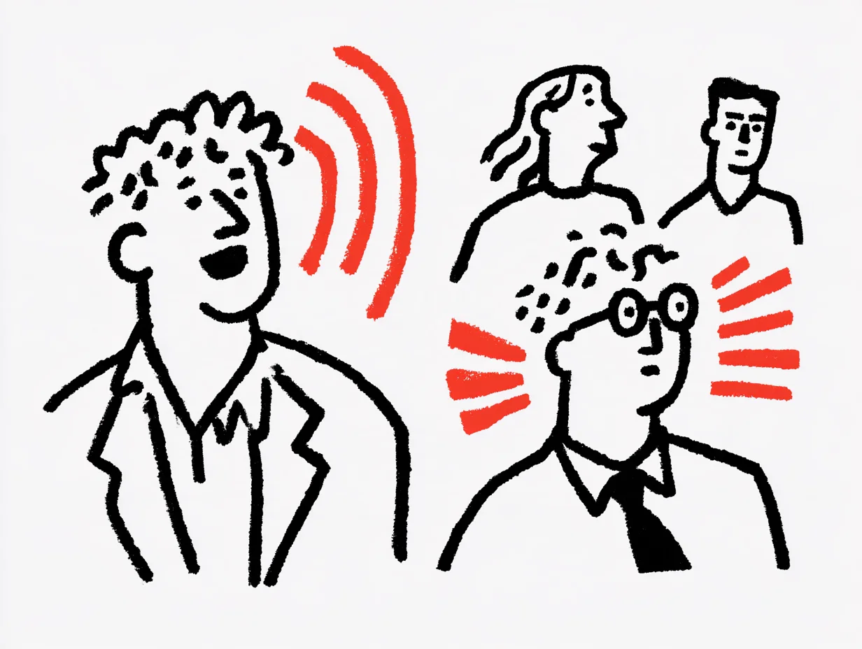 A composition showing a person speaking, another wearing glasses who appears to react to the speaker’s voice, and two people in the background. Red-orange sound marks emphasize speaking, listening, and the transmission of voices between people.
