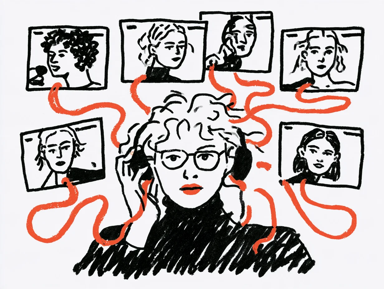 안경과 헤드폰을 착용한 인물 주변으로 여섯 개의 인물 영상 화면이 펼쳐진 모습. 레드오렌지 연결선이 여러 사람의 목소리를 듣고 관리하는 상황을 표현한다.