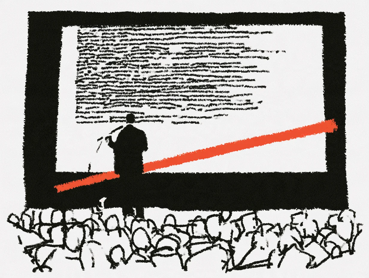 Illustration of a global conference stage and audience connected by a red line, with AI real-time interpretation text displayed on a large screen.
