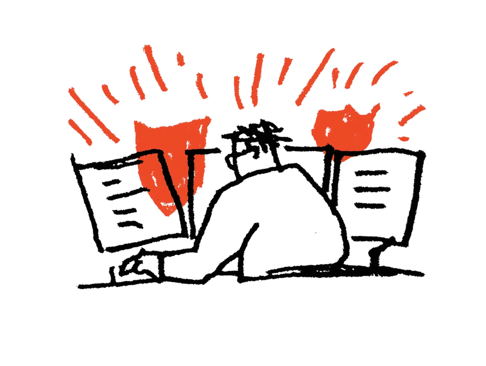 두 대의 모니터 앞에서 작업하는 사람의 뒷모습이며, 모니터 화면에 주황색 방패 기호가 떠 있어 디지털 보안을 묘사하고 있습니다.