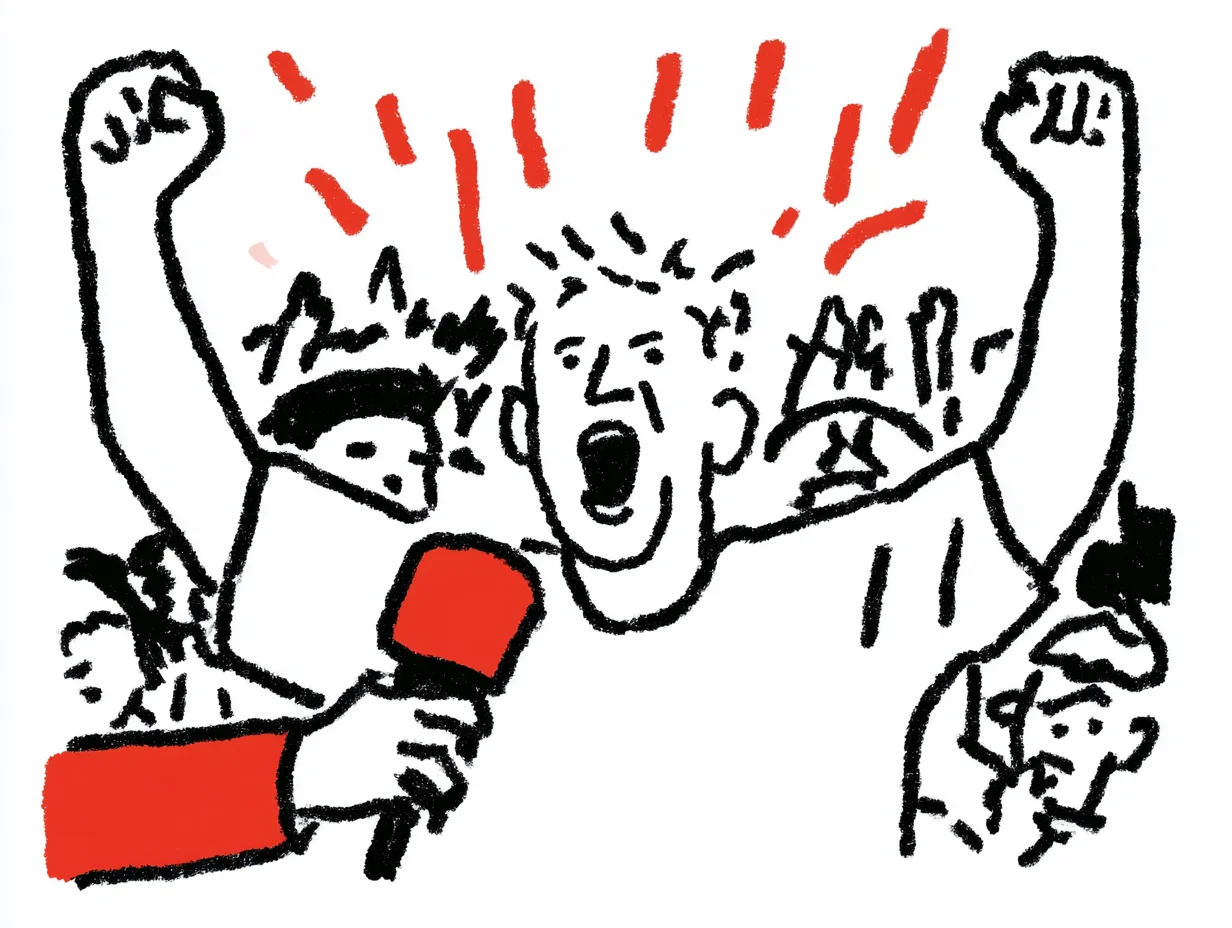 A sports reporter conducting an energetic on-site interview in a stadium mixed zone filled with crowd noise and cheers