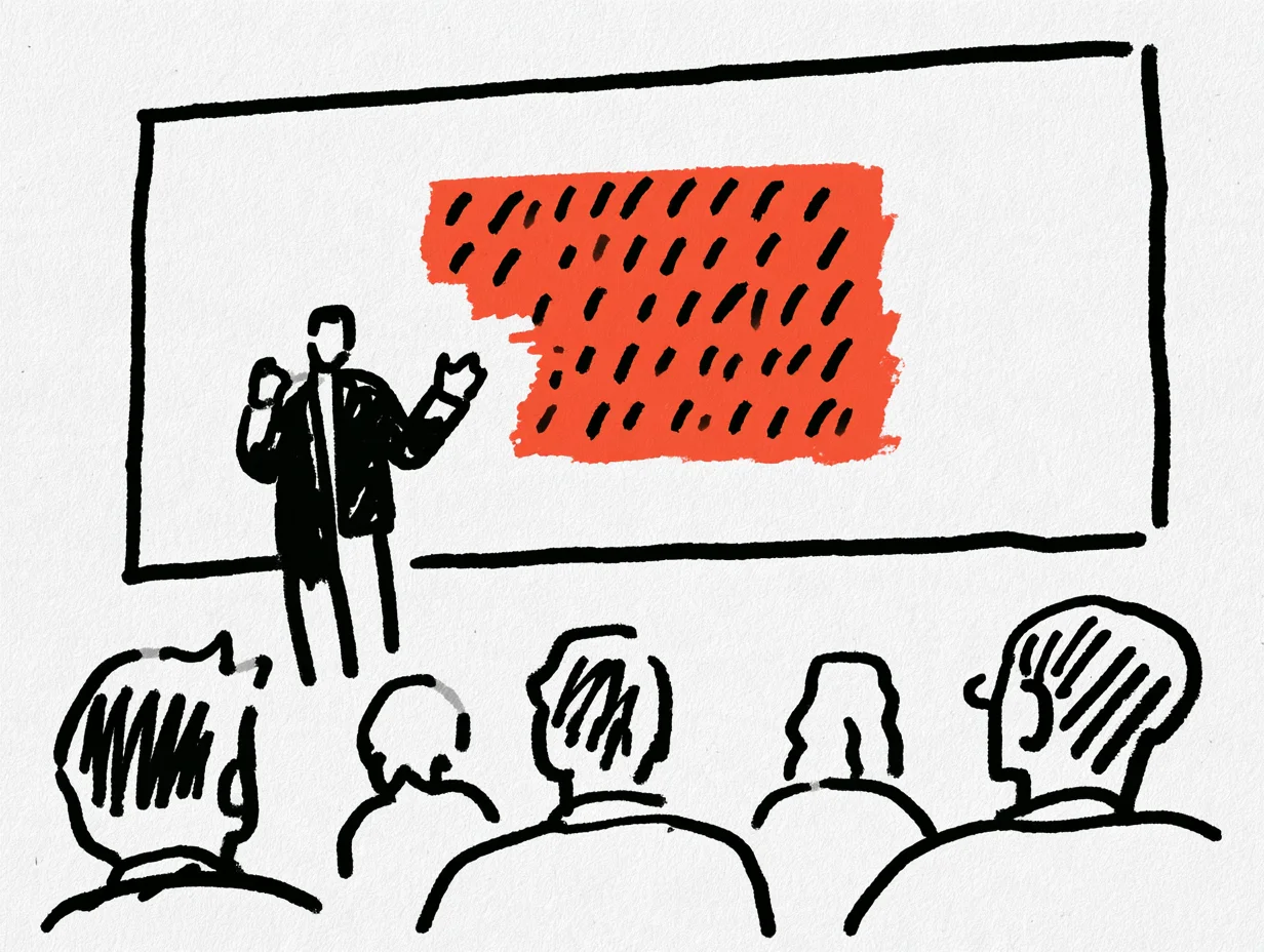 A speaker presenting onstage while unintelligible text appears as red blocks on the large screen behind them. The illustration visualizes a serious mistranslation or subtitle error caused by the limitations of machine translation.