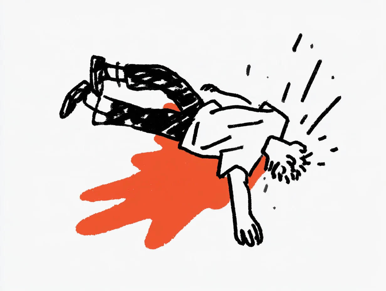 바닥에 쓰러진 인물 주변으로 퍼진 붉은 액체를 연출한 스케치입니다. 아이스하키, 농구 등 빠른 템포의 스포츠 라이브에서 오디오 지연(Latency)으로 인해 시청 몰입도가 파괴되는 현장 페인 포인트(Pain Point)를 강렬하게 시각화했습니다.
