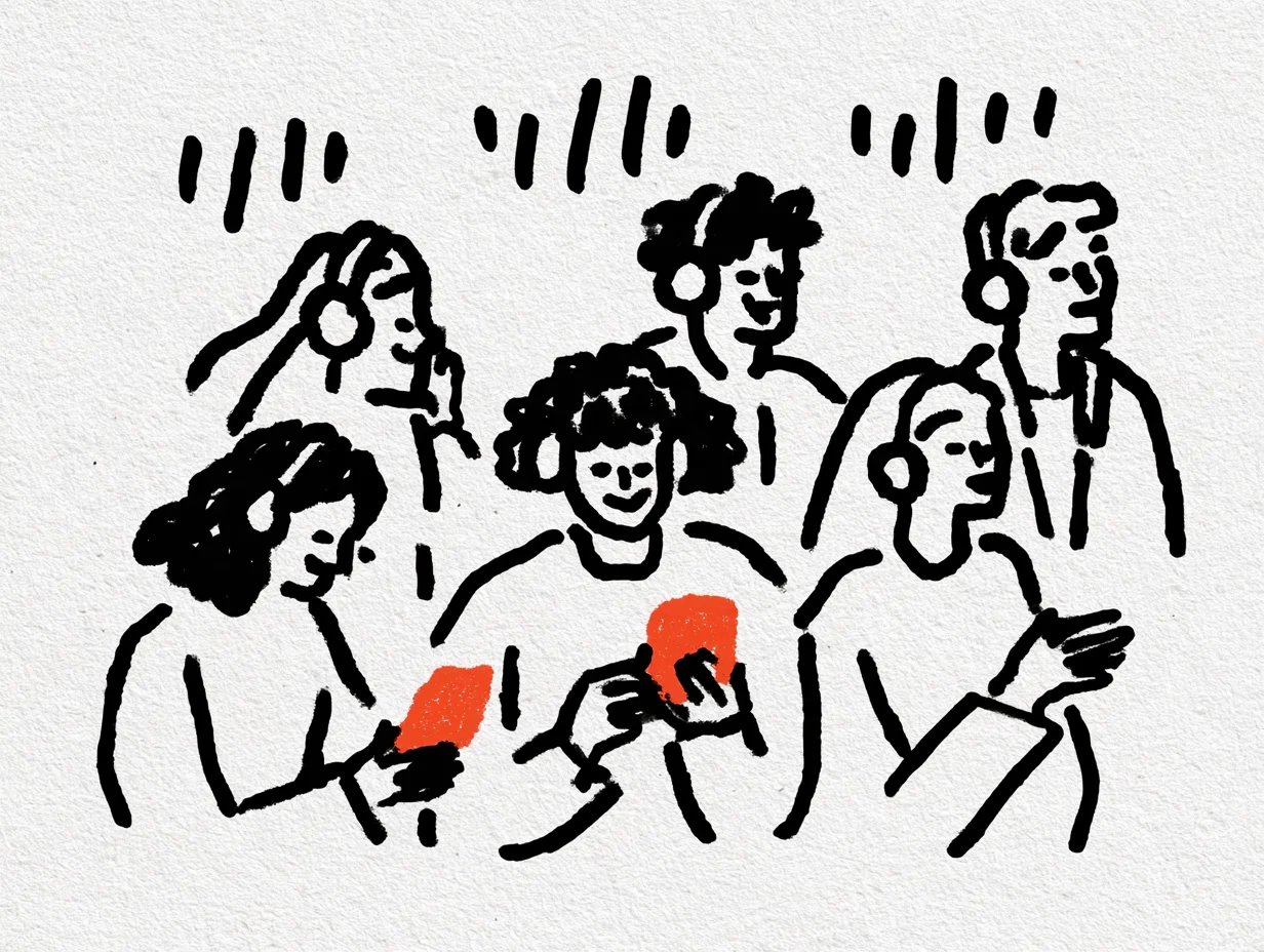 Participants listening to multilingual audio through their own smartphones and earphones instead of bulky dedicated interpretation equipment. Smartphones highlighted in red represent a convenient event experience without app installation or equipment rental.