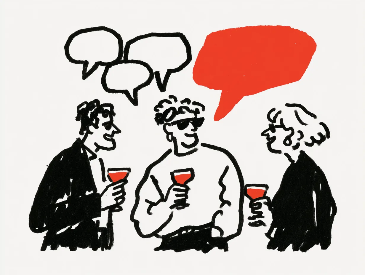 Guests conversing in several languages at a mixed-language networking party